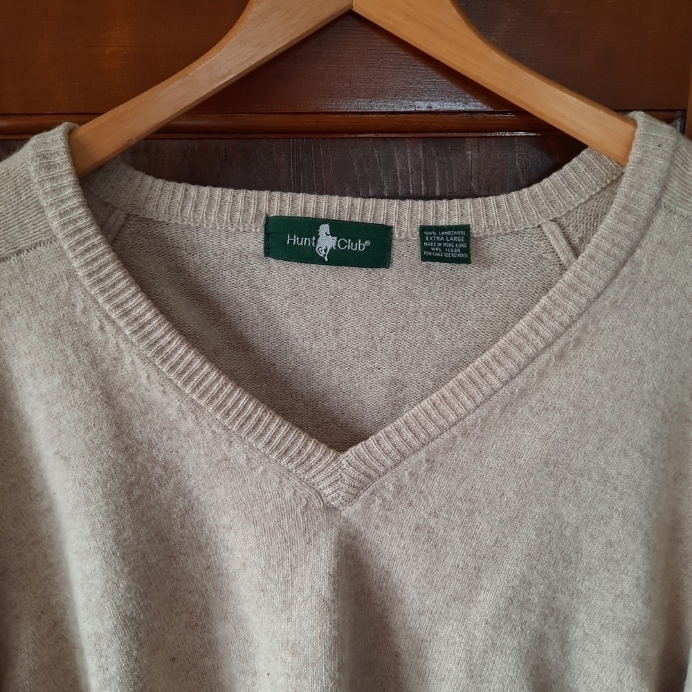 Vintage Hunt Club 100% Lambswool Light Tan V-neck Knit Grandpa Sweater Size XL - Picture 4 of 11